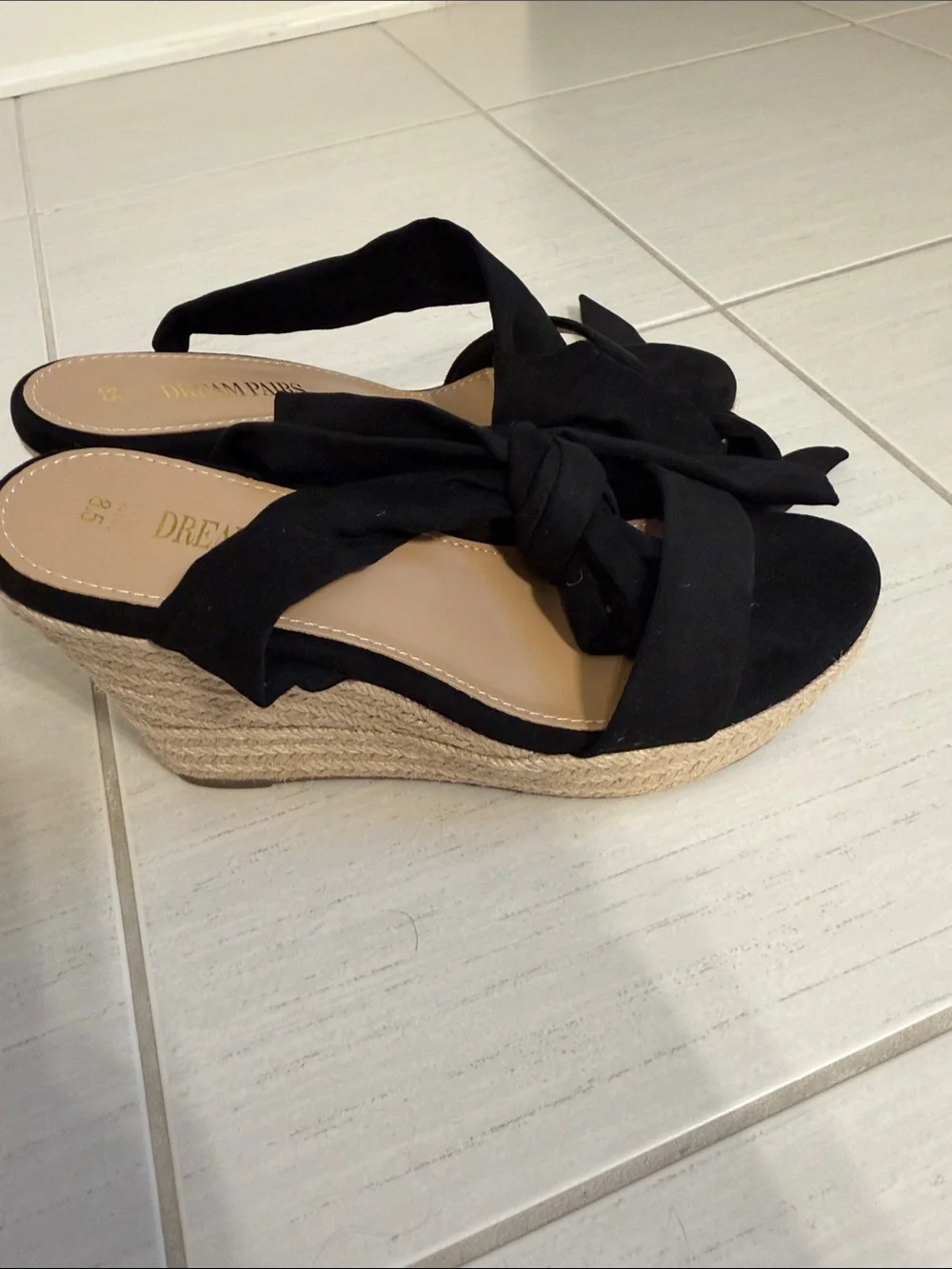 Dream Pairs Black Suede Wrap-Ankle Wedge Sandals